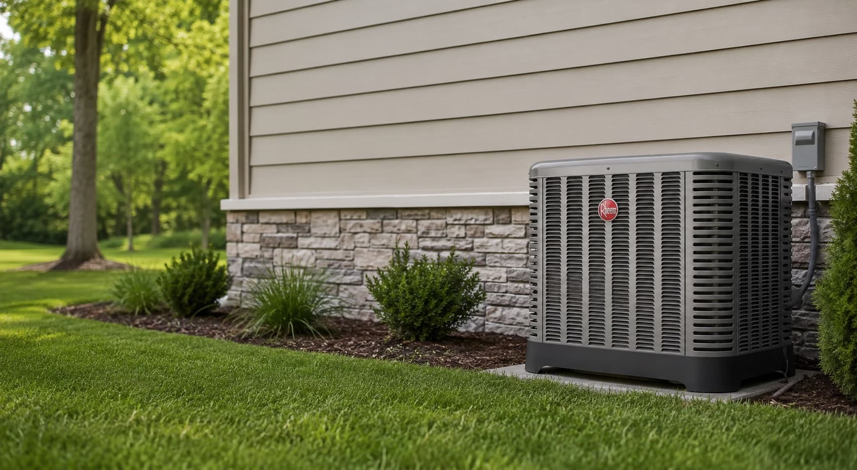 Rheem air conditioner installed beside a suburban home