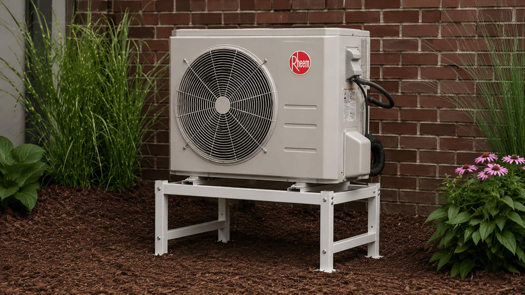 Rheem outdoor heat pump unit on a stand against a brick wall